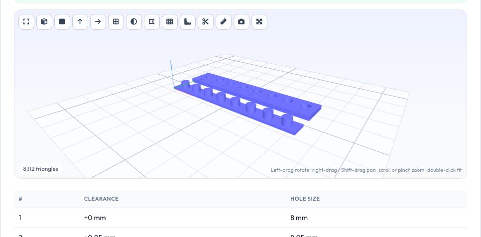 Screenshot of the free 3D Print Tolerance & Clearance Test Generator (STL) tool on AZRS QuickFix