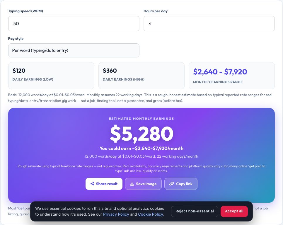 Step 1 — starting Typing / Data Entry Job Earnings Calculator on AZRS QuickFix
