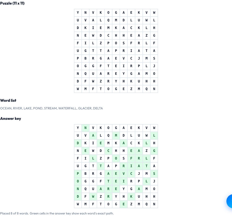 Step 2 — Word Search Puzzle Generator result