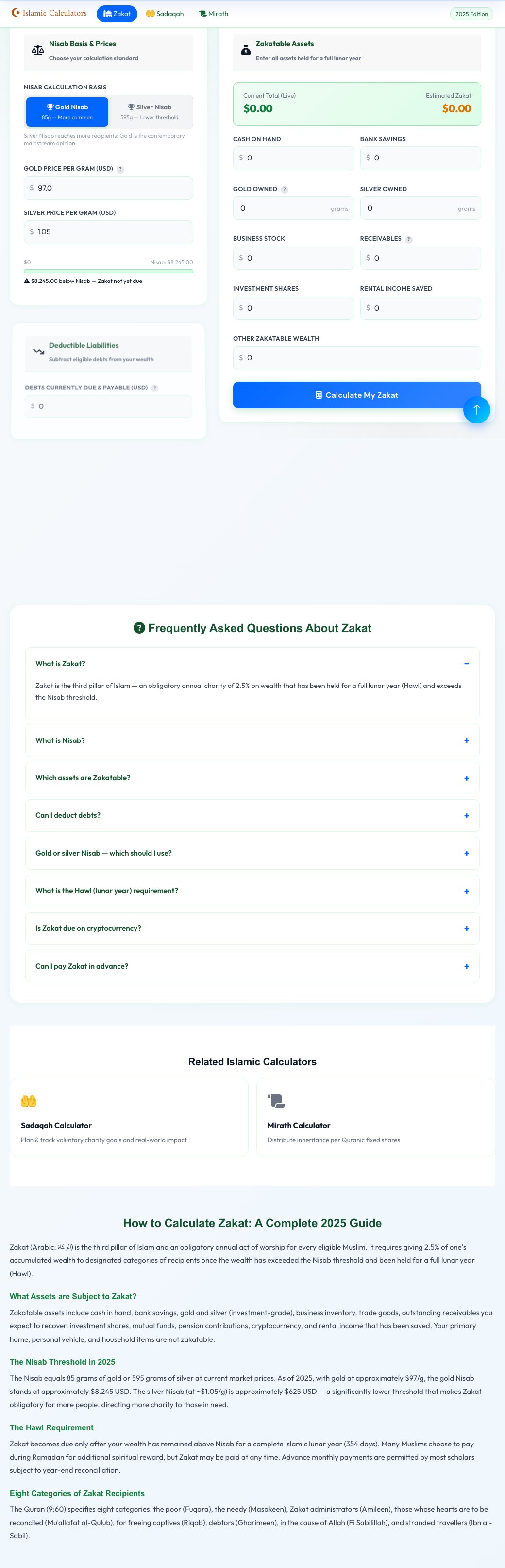 Screenshot of the free Free Zakat Calculator 2026 tool on AZRS QuickFix